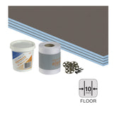 Flooring installation kit with adhesive, leveling compound, and fixings on a white background.